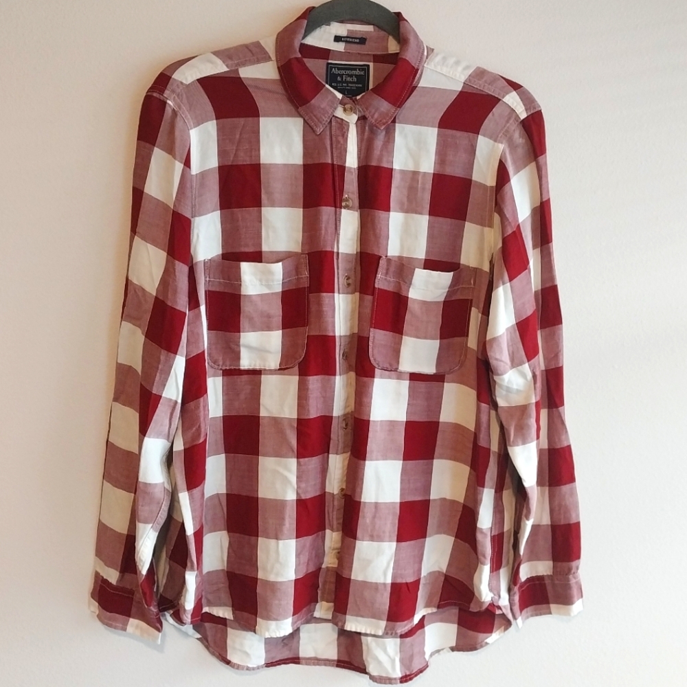 Abercrombie & Fitch Red and White Buffalo Plaid Boyfriend Shirt